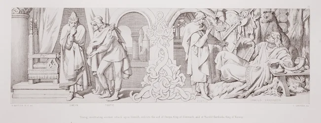 Tostig, der overvejer endnu et angreb på Harald, beder om hjælp fra Svend, kong af Danmark, og Harald Hårdrada, kong af Norge, fra "The Story of the Norman Conquest", graveret af L. Gruner, 1866